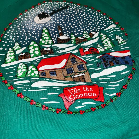 Vintage Fruit of the Loom Green Christmas Tis the Season santa sweatshirt size m - Picture 2 of 6